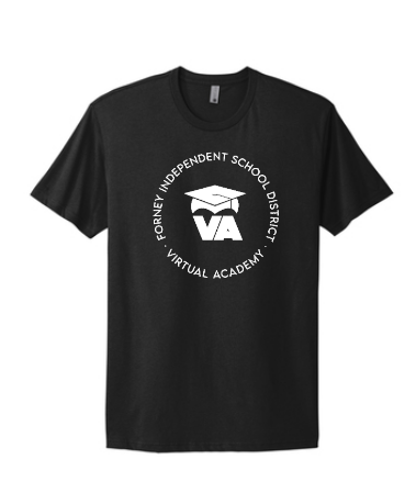 Forney ISD Virtual Academy logo, white print on black tee