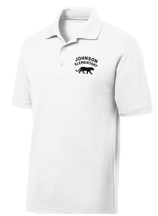 Johnson Elementary - Panther logo polo, white with black logo